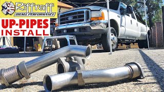 2001 F350 73  RiffRaff UpPipes Install  Stock up pipes leaking and falling apart JUNK SP [upl. by Suiratnauq676]